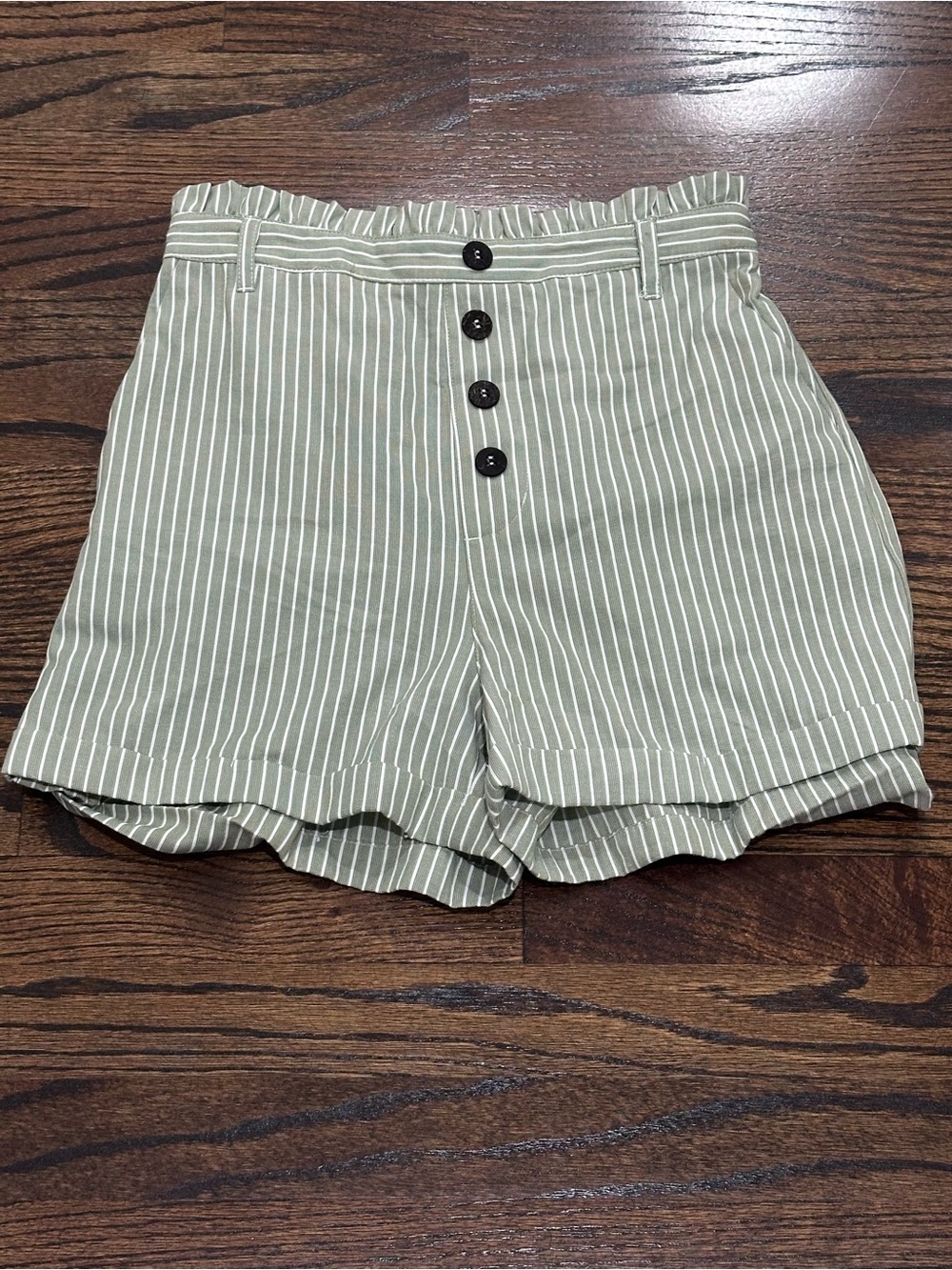 Staccato Striped High-Waist Olive Green Paperbag Shorts